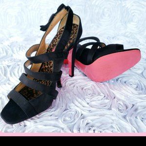 BETSEY JOHNSON Black satin Strappy heels Pink Bottoms Shoes Women's Size 10M